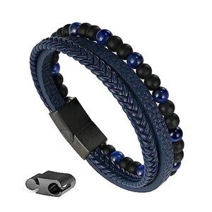 Mens Leather Bracelet Beaded Bracelet Tiger Eye Lava Rock Stone Adjustable Gift